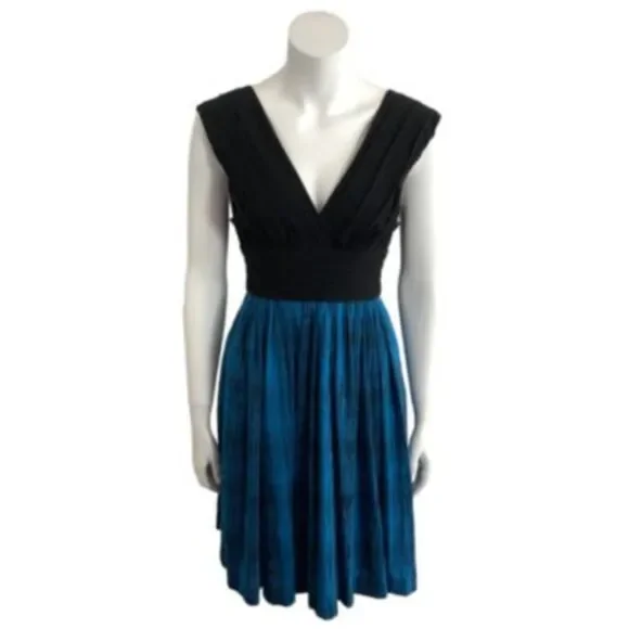 Tracy Reese New York Pleated Color Block Fit & Flare Dress Blue Black 4